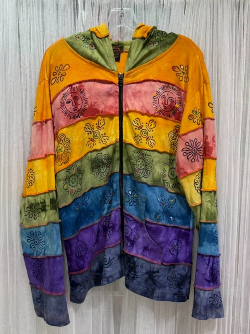 Rising International Rainbow Patchwork Hoodie Women’s XL Boho Hippie Tie Dye - Picture 1 of 10